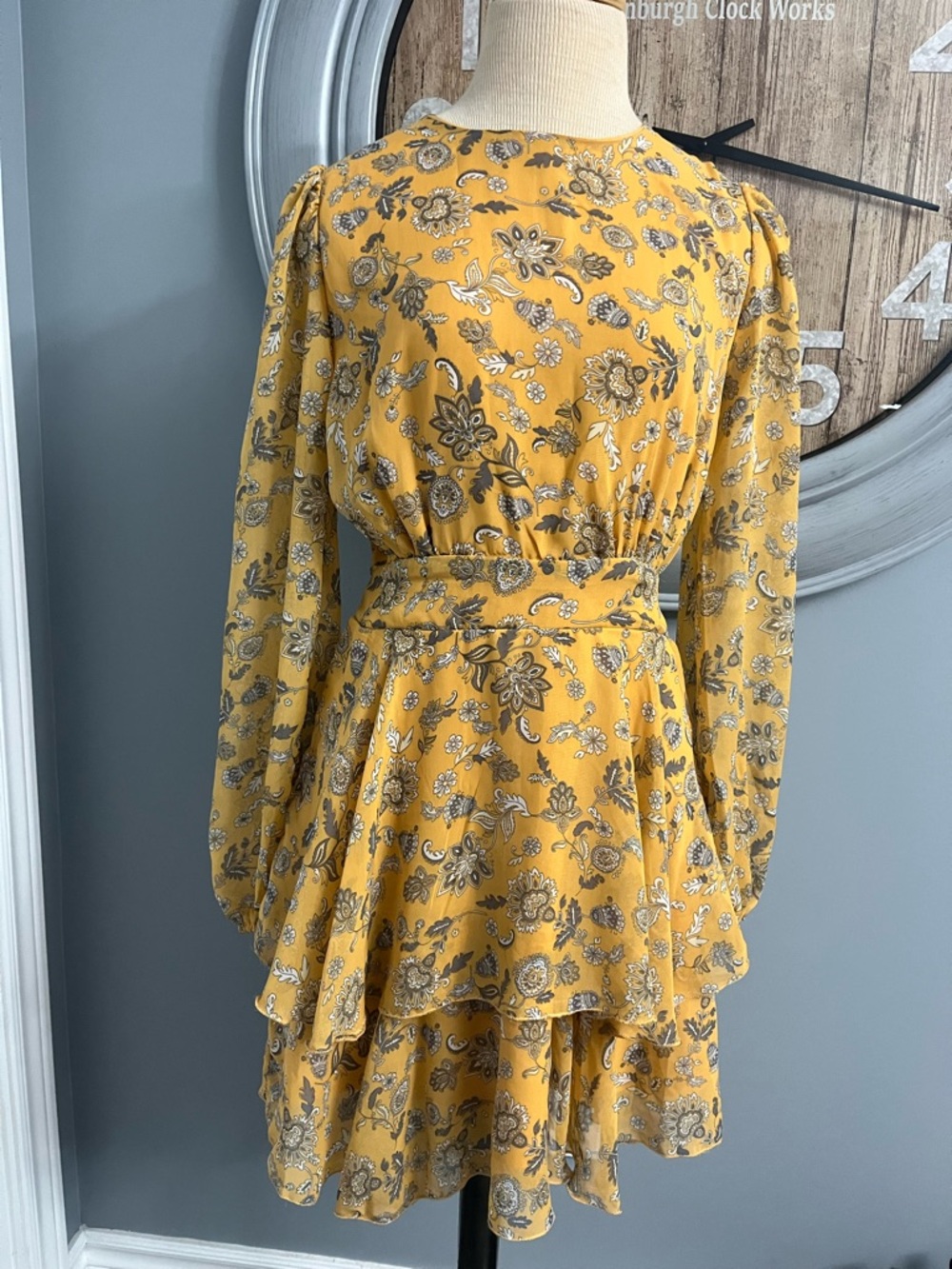 172–Forever 21 Mustard Floral Long-Sleeve Tiered Mini Dress